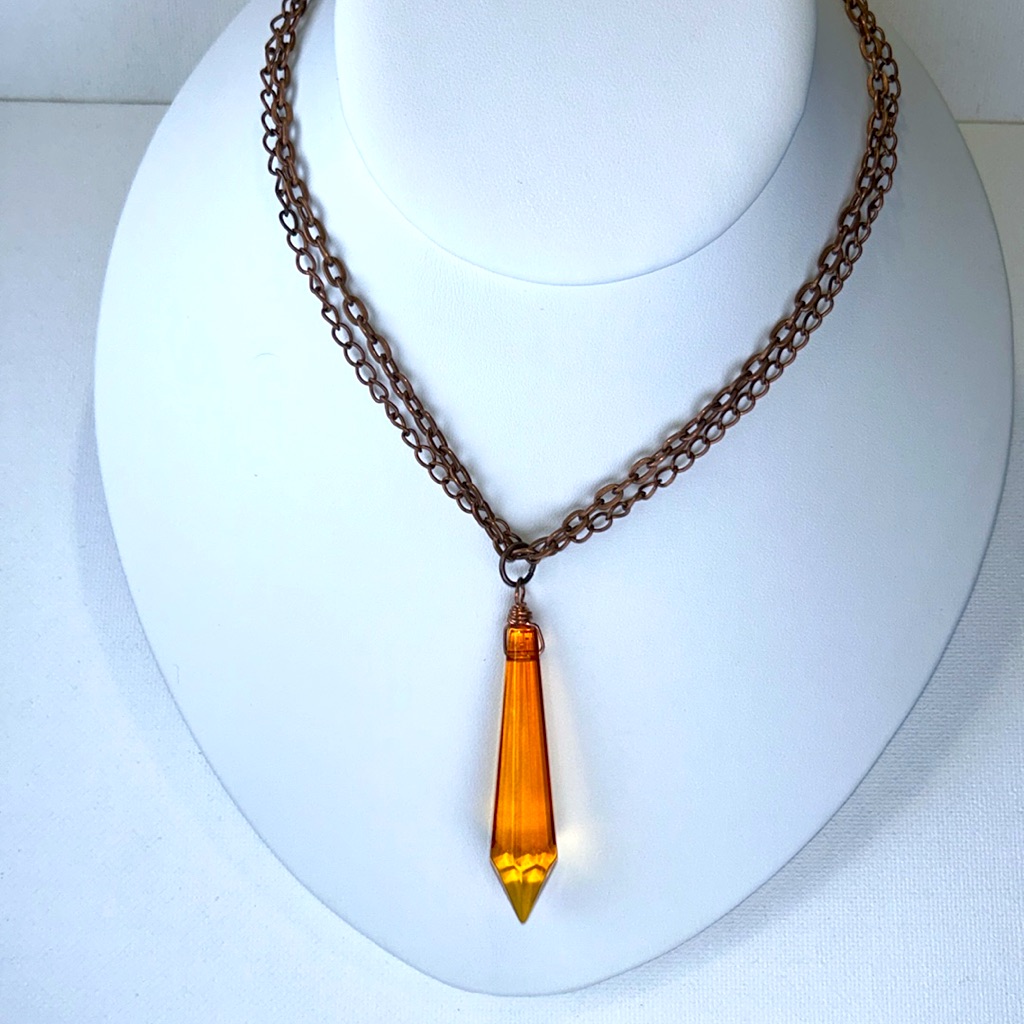 Handmade Vintage Amber Chandelier Crystal Pendant 3 Strand Copper Necklace Boho
